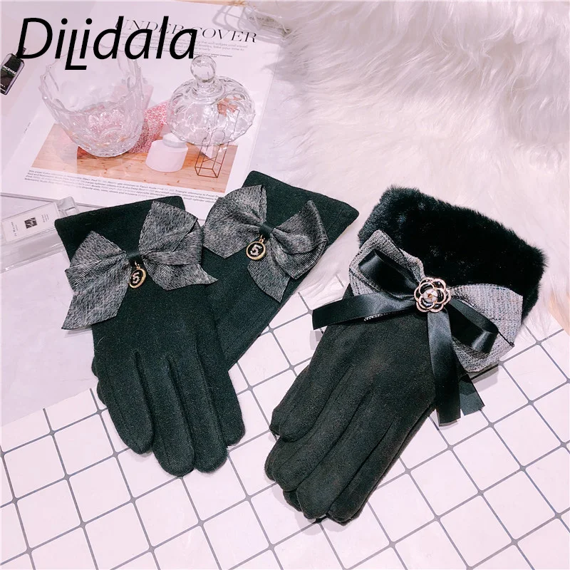 Dilidala, модные перчатки для стрельбы из лука, черные, с сенсорным экраном, пять пальцев, замшевые перчатки, кашемир, толстые, двухслойные, женские зимние теплые перчатки