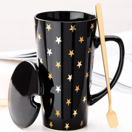 Креативный узор рукоятки керамические кружки с ложкой крышкой кофейная кружка молоко чай офисные чашки Посуда для напитков лучший подарок на день рождения - Цвет: 14