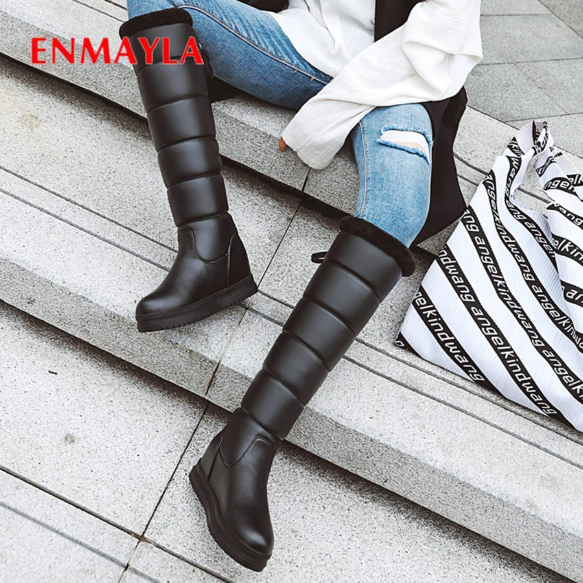 ENMAYLA/сапоги на платформе, увеличивающие рост, без шнуровки зимние сапоги на плоской подошве с квадратным носком зимние женские сапоги до колена с поперечными ремешками и плюшевой подкладкой