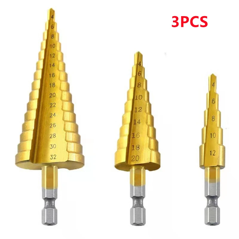 3PCS  HSS Steel Step Cone Drill 4-12mm 4-20mm 4-32mm Countersink Titanium Bit Set Hole Large  4241