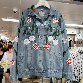 

2019 New Female Embroidery Sequins Flower Cowboy Coat Womens Harajuku Loose Jeans Jacket Girls Students Casual Denim Coats Top