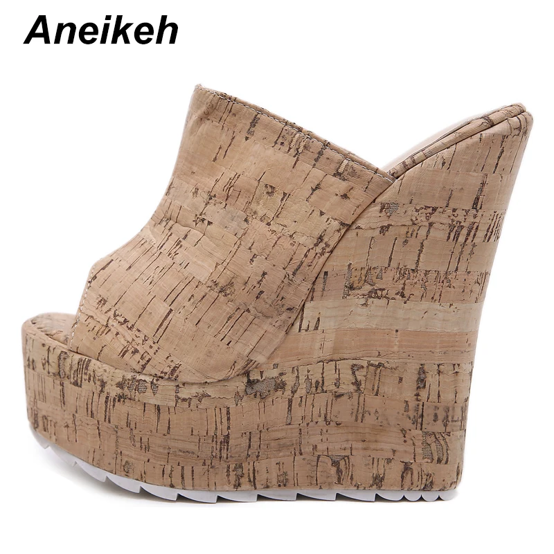 Aneikeh/новые туфли-лодочки на танкетке с открытым носком для отдыха Женские однотонные туфли-лодочки без шнуровки на высоком каблуке с ремешком на пятке обувь для вечеринок Повседневная обувь, Размеры 35-42