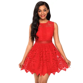 

BGW Scoop Neck Sleeveless A Line Red Lace Cut Out Mini Cocktail Dresses Zipper Back
