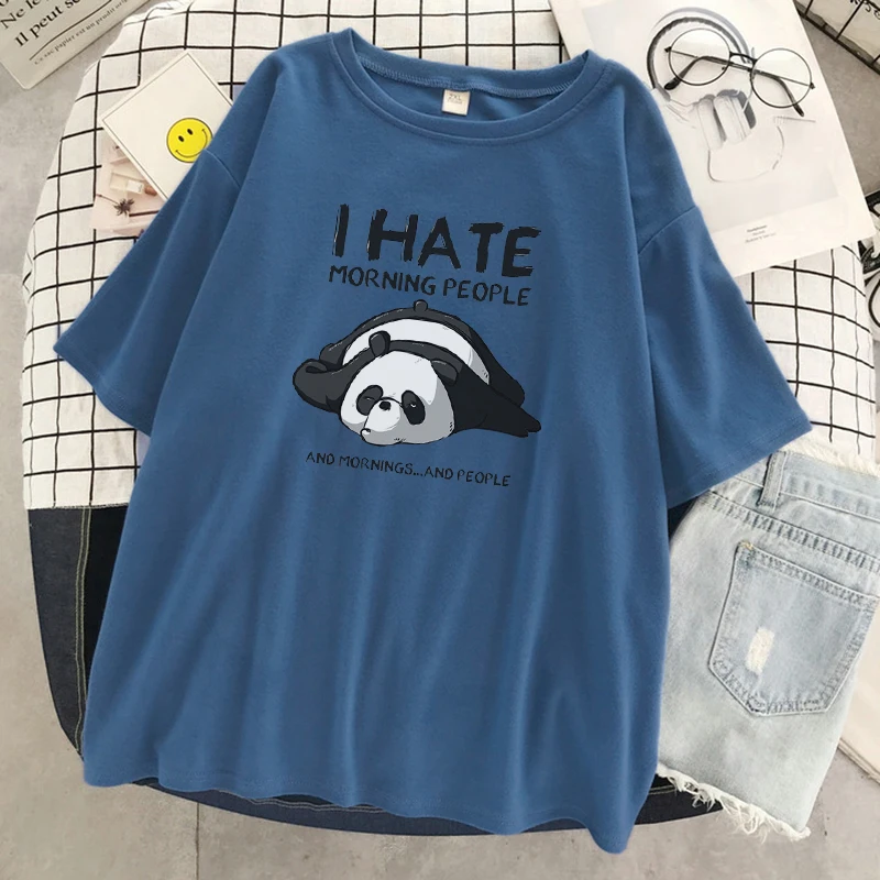 Camiseta de Panda I Hate Morning People para mujer, camisetas holgadas de Harajuku, camiseta negra con cuello redondo, verano 2021