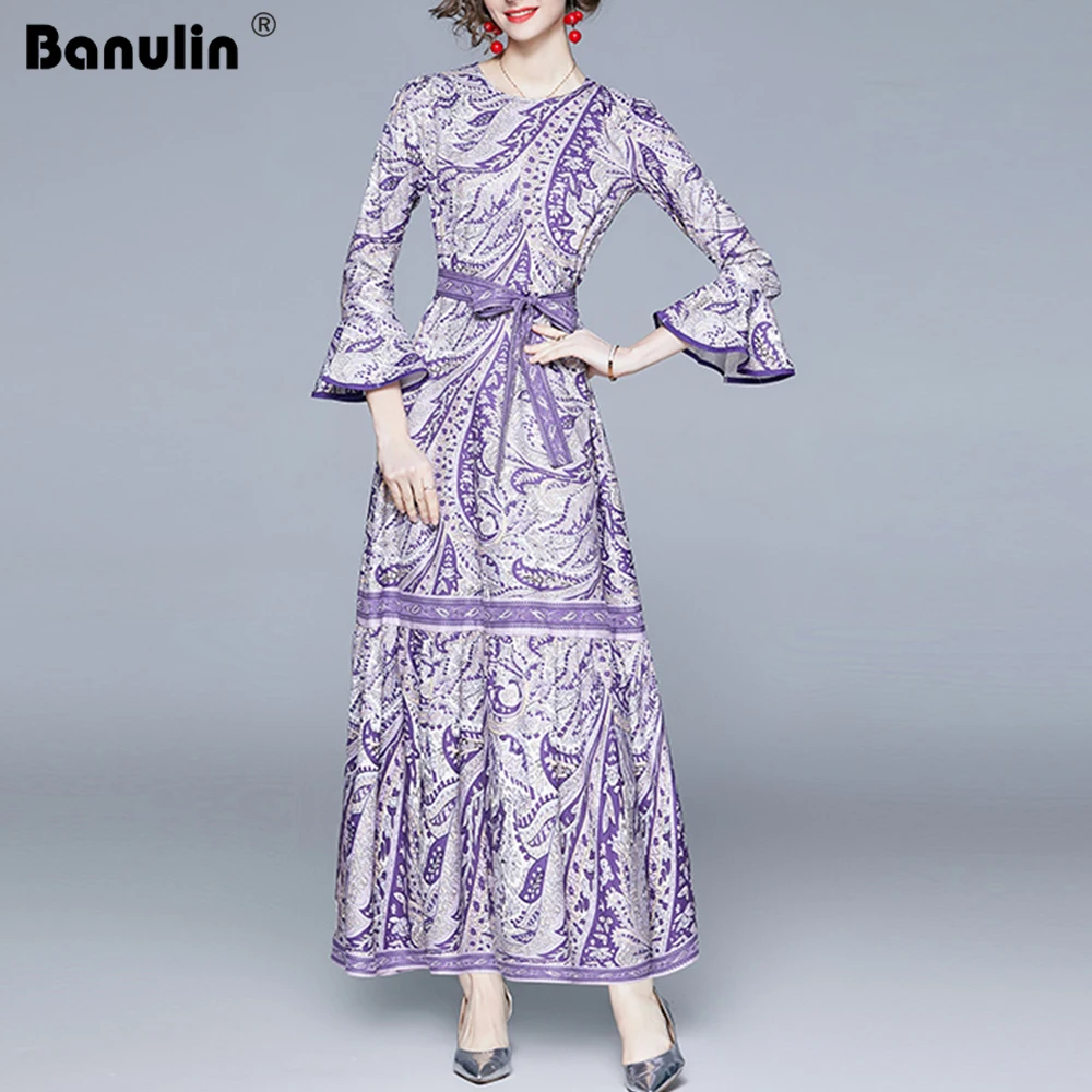 

Banulin 2021 Spring Fashion Floral Print Purple Dress for Women O Neck Flare Slleve High Wiast Lace Up Bow Belt Vintage Dress