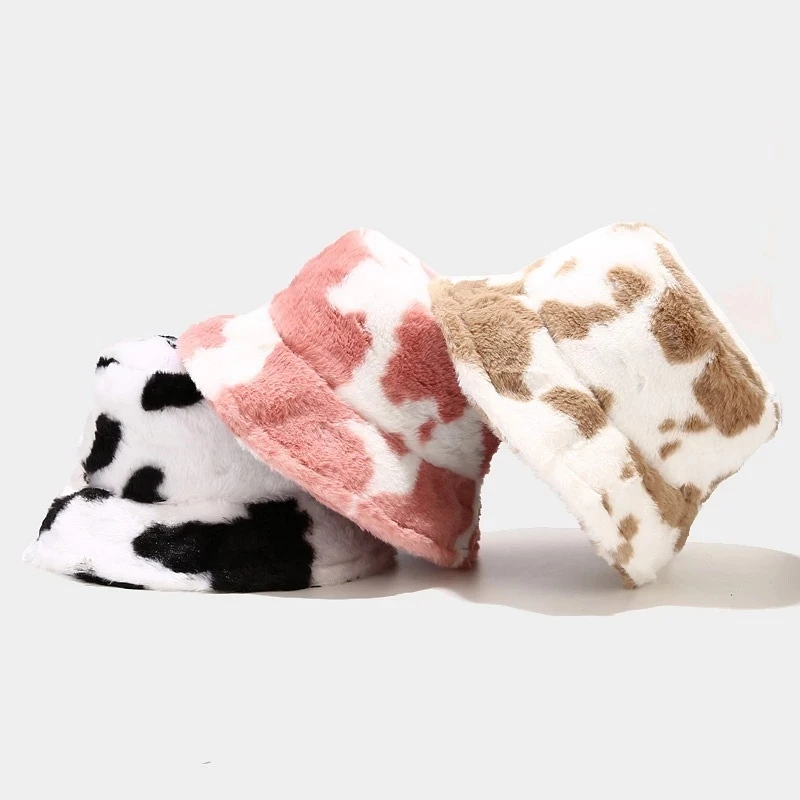 

New Winter Cow Print Plush Bucket Hats for Women Tourism Outdoor Warm Hat Soft Velvet Fisherman Cap Lady Fashion Panama Present