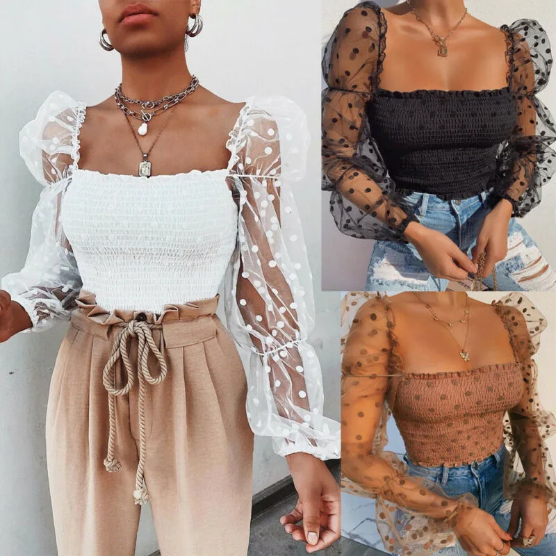 Blusa sexy de malla transparente para mujer, blusa elástica con manga  abombada, cuello cuadrado de encaje, Tops de lunares, camisas de  verano|Camisetas| - AliExpress