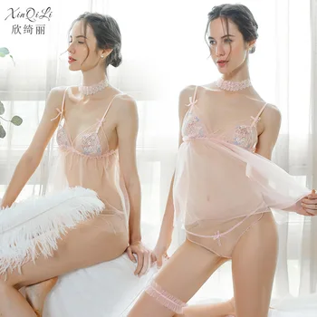 

Sexy Nightdress Women Sleep Wear Lace Short Skirt Backless Embroidery Print Pink Lolita High Quality Deep V Women Lingerie Cute