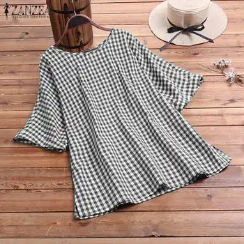 

Women's Check Shirts Kaftan Summer Blusas ZANZEA 2020 Short Sleeve Blouse Female Casual O Neck Plaid Tops Tunic Plus Size 5XL 7