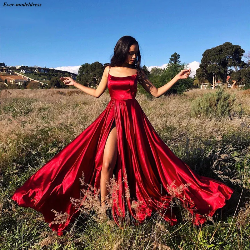 

Red Long Prom Dresses 2019 Spaghetti Backless Side Split Satin Simple Formal Party Dresses Vestidos De Festa Cheap