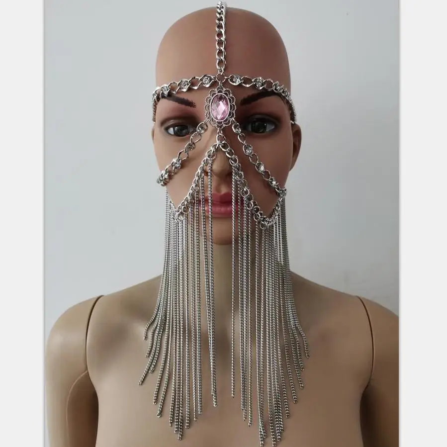 

New Fashion RJH003 Silver Rhinestone Beads Chains Pink Acrylic Beads Face Mask Layers Head Chains Jewelry Costume Jewelry