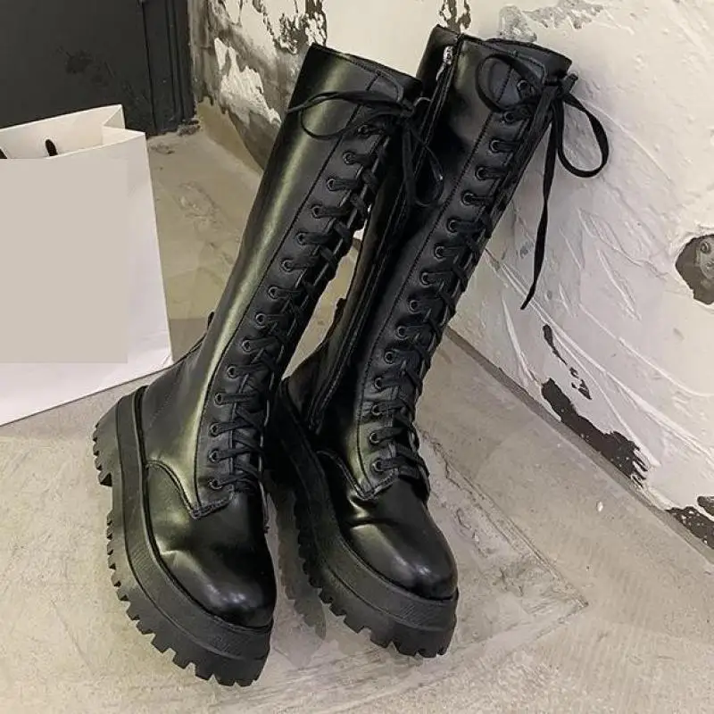 Chunky Platform Pu Leather Knee High Boots Women Punk Increasing Long Woman Lace Up Booties Mujer 2022 Zip Chelsea Women Shoes