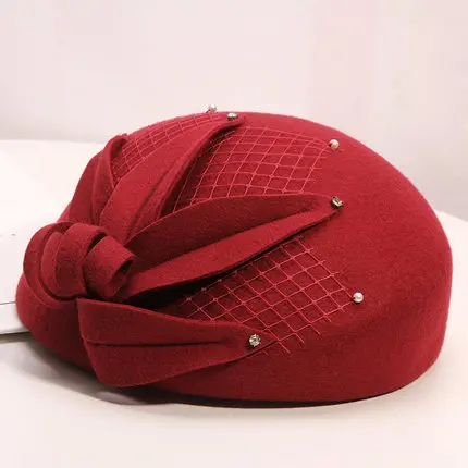 Fibonacci New Fashion Women Beret Fedoras Floral Wool Felt Hat Pearl Mesh Dinner Party Autumn Winter Hats Cap - Color: Dark red