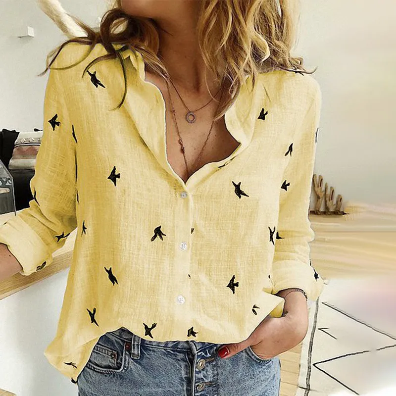 Женские блузки размера плюс 5XL, Рубашки, Топы из хлопка и льна, женские блузки с принтом птиц, весенне-летние свободные повседневные женские рубашки - Цвет: Цвет: желтый
