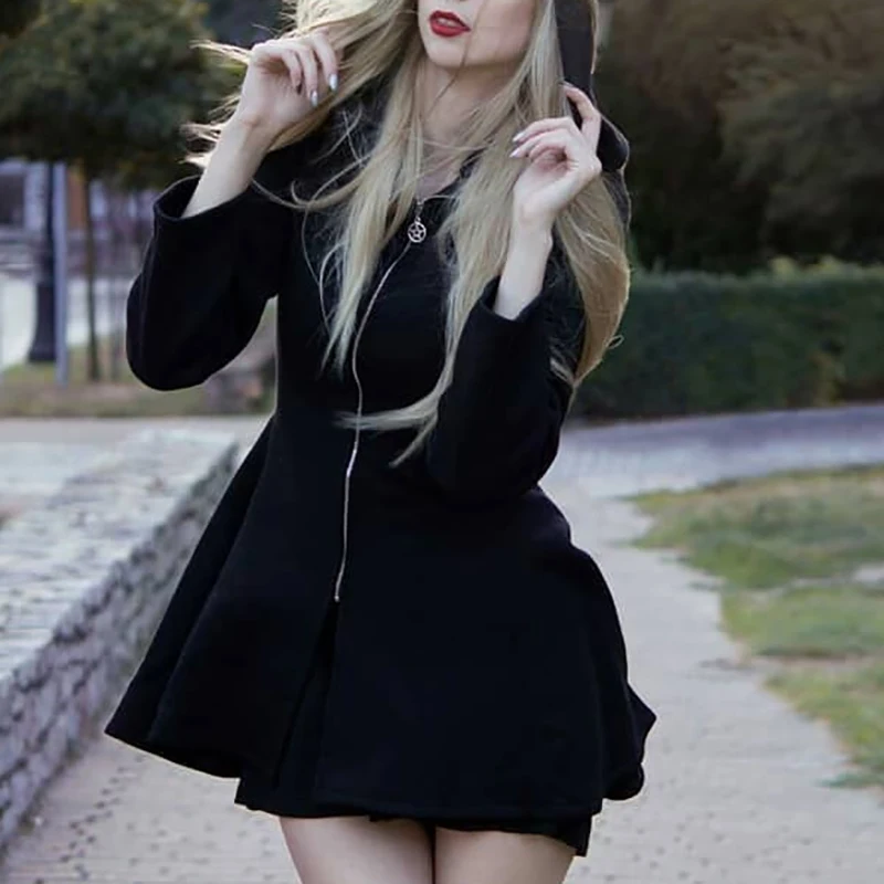 

Gothic Black Vintage Women Hooded Long Sleeve Splice Zipper Slim Pleated Dress Spring Goth Female Solid Color Party Mini Dresses