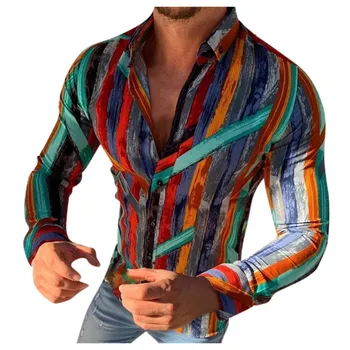 

Mens Stripped MultiColor Shirts Creative Slim Fit Abstract Beach Shirt Long Sleeves Casual Blouse Streetwear Camisa Masculina