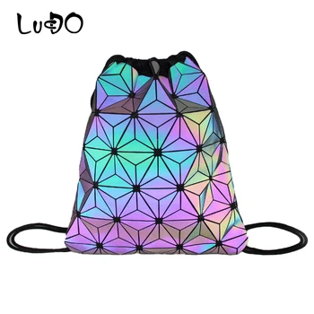 

LUCDO Women Drawstring Backpacks Luminous Geometric Bagpack Female Holographic School Bag For Teenage Girls Folding Mochila Sac