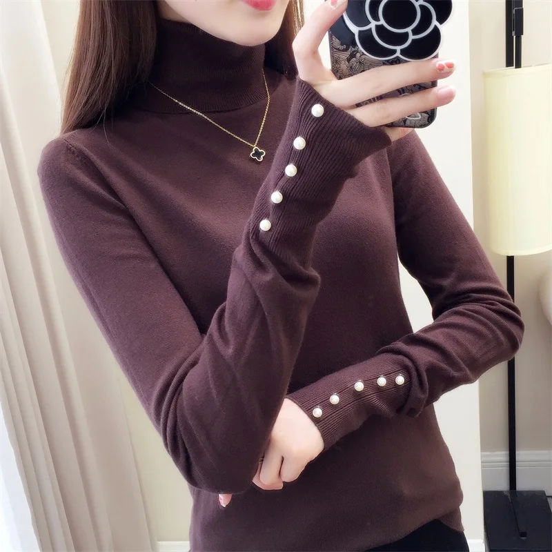 

New Design Women Turtleneck Knitted Sheath Sweater Sheathy Solid Warm Beading Long Sleeve Pullovers Female Casual Chic Tops T679