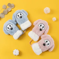 Winter Ohildren's Gloves Warm Lanyard Embroidery Cute Cartoon Dogs Plus Velvet Thickened Mittens