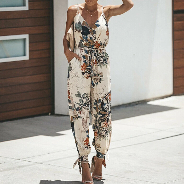 

2019 Summer Women Holiday Casual Sleeveless Jumpsuits Fashion Ladies Boho Floral Bodysuit Wide Leg Loose Long Pants Trousers