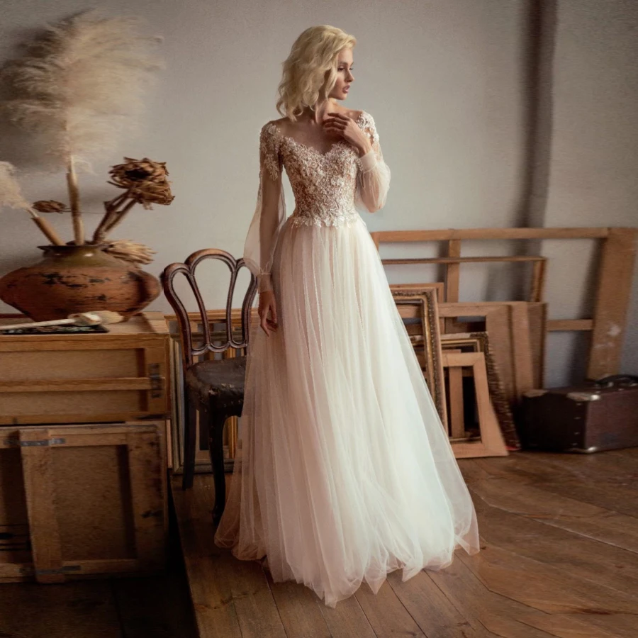 

New Sexy Tulle Wedding Dresses Scoop Neck Lattern Sleeves See-through Applique A-line Bridal Wedding Dress
