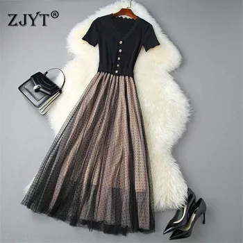 

Runway Designer Fashion Summer Womens Clothing 2020 New Elegant Short Sleeve Lady V Neck Knitted Patchwork Midi Mesh Dress
