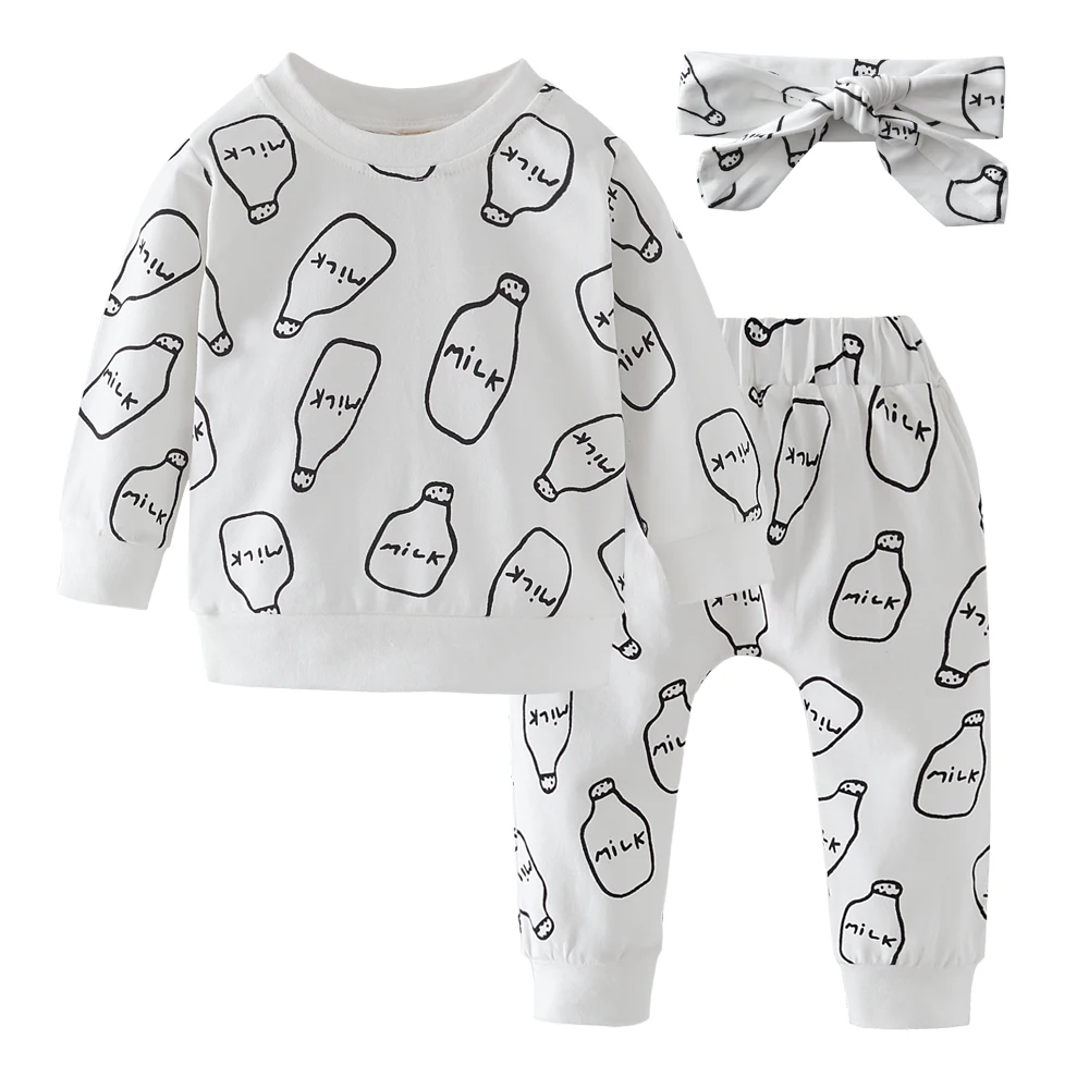 

Newborn Baby Girls Clothes Set Cotton Milk Print T-Shirt Tops Pants Headband Fashion Outfits 3pcs Infant Toddle Boy Clothes Set