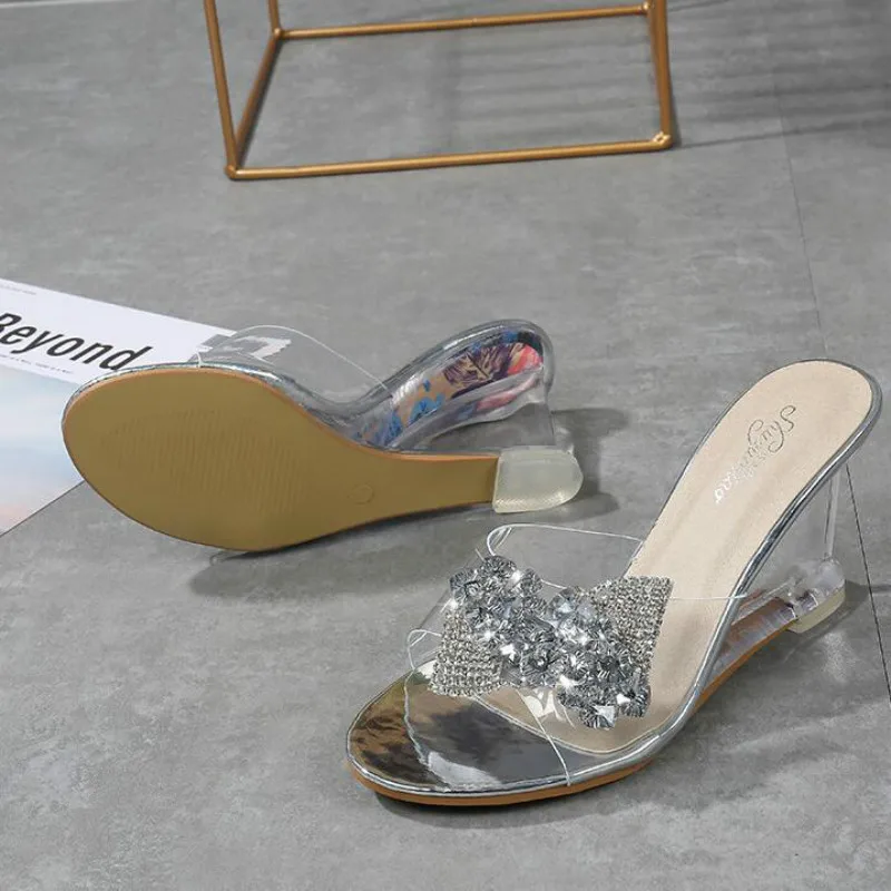 YEELOCA New High Heel Women's Wild Summer Women's Shoes Word Buckle Simple Wedge Sandals Transparent Bow-knot Slippers