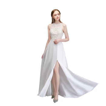 

Holievery Jewel Neck Chiffon Split Evening Dresses with Lace Embroidery 2020 Ivory Long Evening Gowns vestido de noche