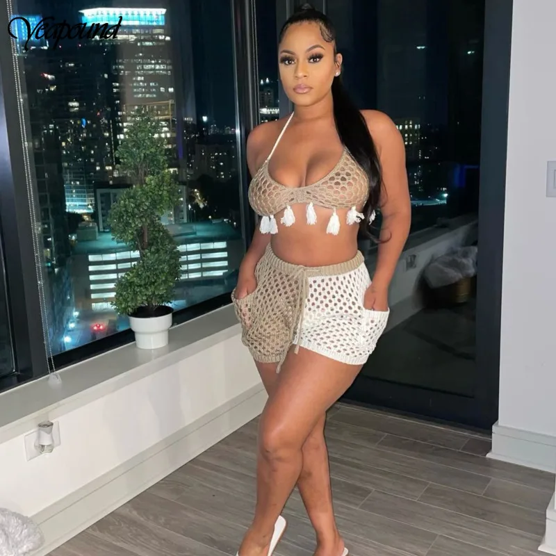Sexy Hollow Fishnet Mesh Two Piece Set Women V Neck Crop Top And short Pants Beach Party Club Outfits hollow out |