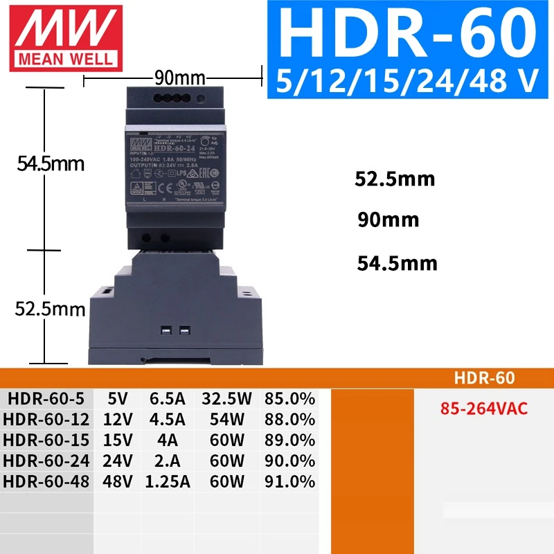 Бренд MEAN WELL представляет HDR-15 30 60 100 5V 12V 15V 24V 48 V meanwell HDR-15-30-60-100 Вт до 5 лет, 12 предметов в упаковке 15 24 48В одиночный Выход промышленные на din-рейку