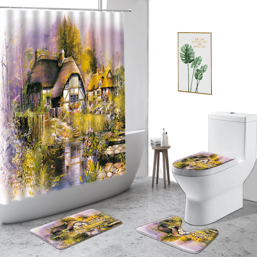 

Pastoral Oil Painting Landscape Waterproof Shower Curtain Flowers Plants Garden Bathroom Decor Bath Curtains Set Non-Slip Carpet