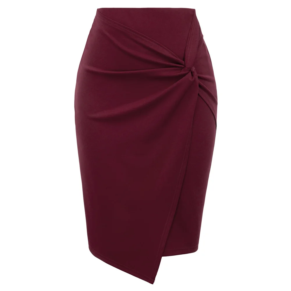

KK Women's Solid Color Asymmetrical Wrap Front Stretchy Bodycon Pencil Skirt