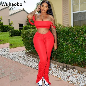 

Wuhaobo 10 Color Casual Two Piece Set Super Sexy Crop Tops And Split Stacked Flare Trousers Sports Bra For Women Tracksuit Sets