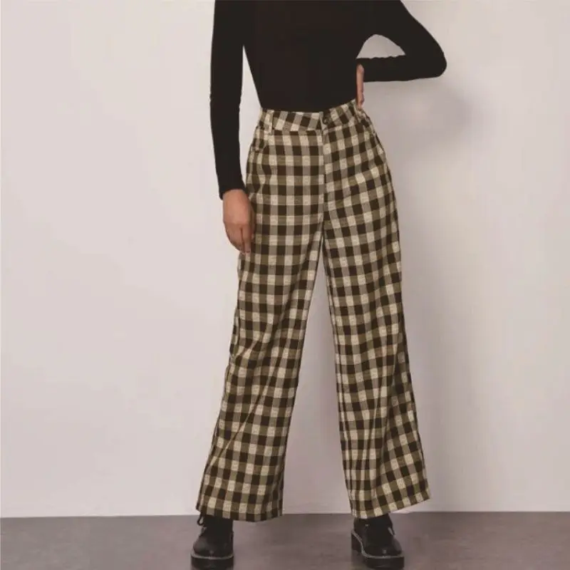 Vintage Plaid Pants Women Casual Low Waist Pants Thin Wide Leg Pants Korean Trousers Women