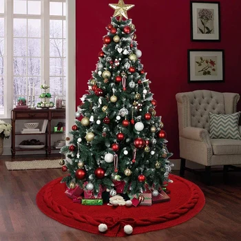 

120CM Christmas Tree Skirt Red Knit Tree Skirt with Double Layers Rustic Design for Christmas Holiday Decorations(2Pcs)