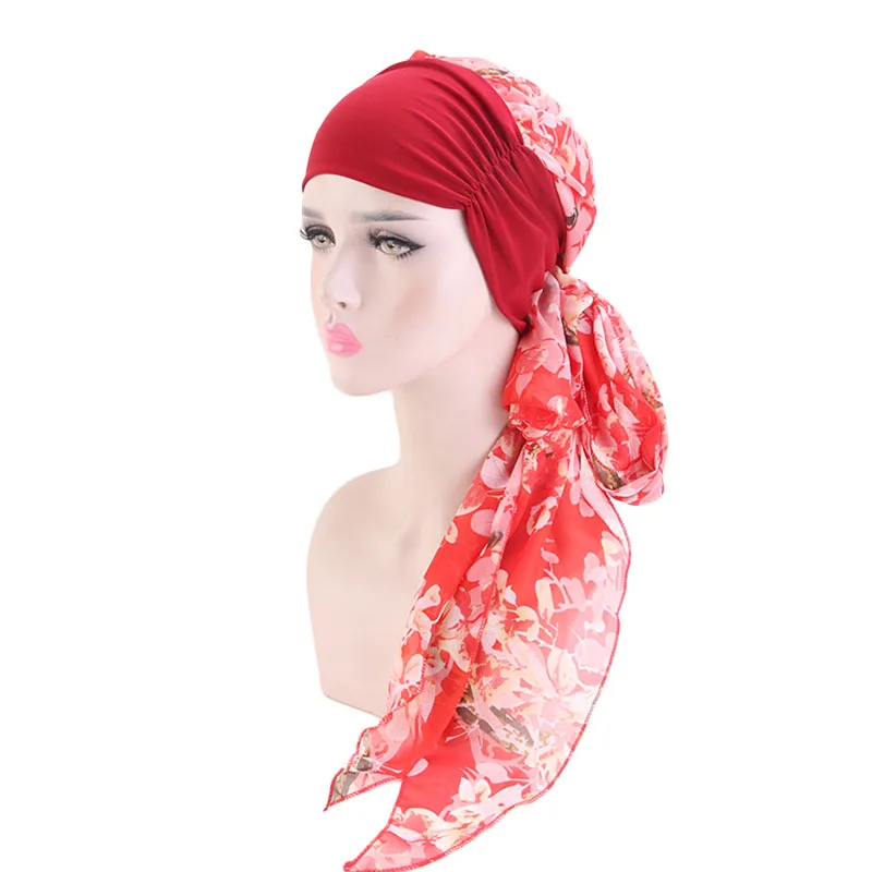 Elegant Women Long Headwear Print Turban Fashion Chemo Cap Pre-Tied Bandana Headscarf