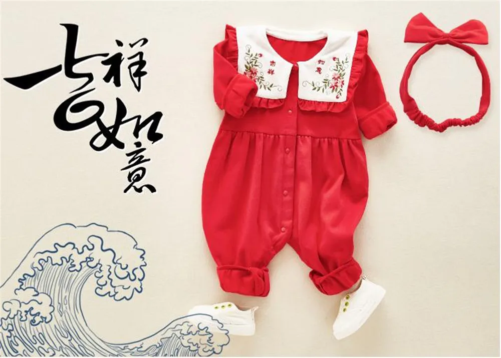 Комбинезон для маленьких девочек детский красный комбинезон с длинными рукавами и отворотами на удачу одежда для офиса от 3 до 18 месяцев