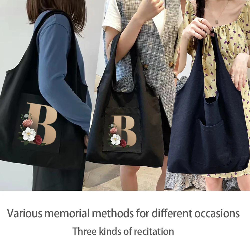 Women Bag Canvas Bag Large Capacity Travel Tote Bag Printing 26 Letters Hot Flower Gold Portable One-shoulder Shopping Bag