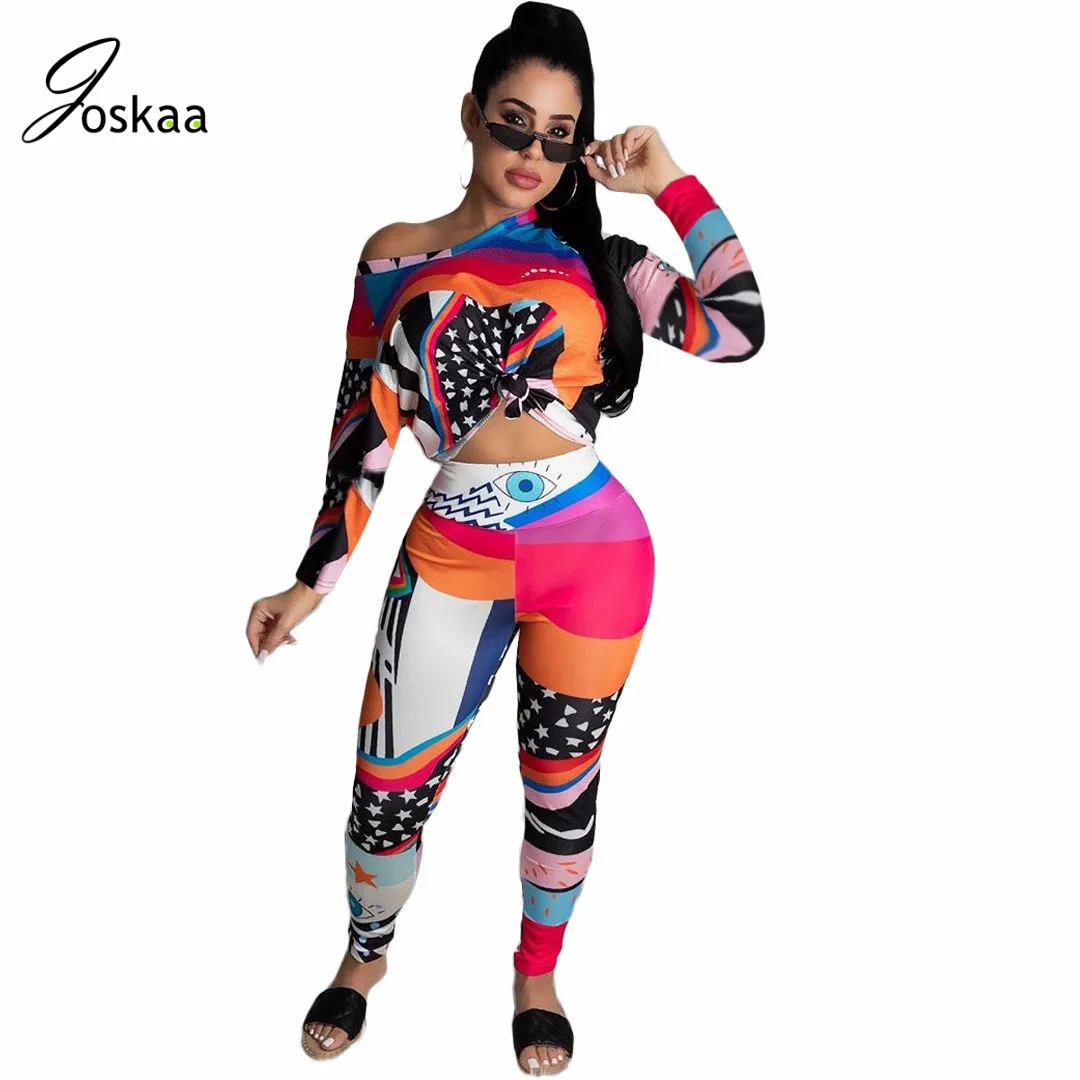 

Joskaa new Digital Printed off-Shoulder Fashion outfits sports suit streetwear sexy Casual women's Two-Piece Set matching sets