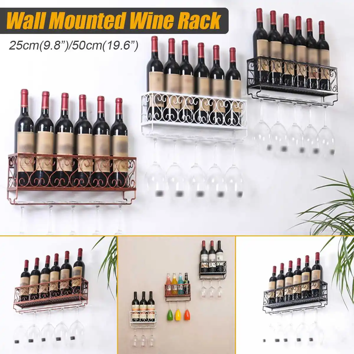 

Metal Wine Rack with Bottle Holders Wall Mounted Organizer Glassware Storage Shelf Display Hanging Home Kitchen Decoration