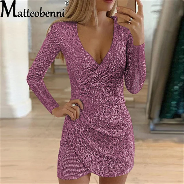 Fashion Sexy Dress Summer Autumn Women's V-Neck Buttock Irregular Short Dress Sequin Tight Dress Party Dress Elegant Vestidos Rose Red