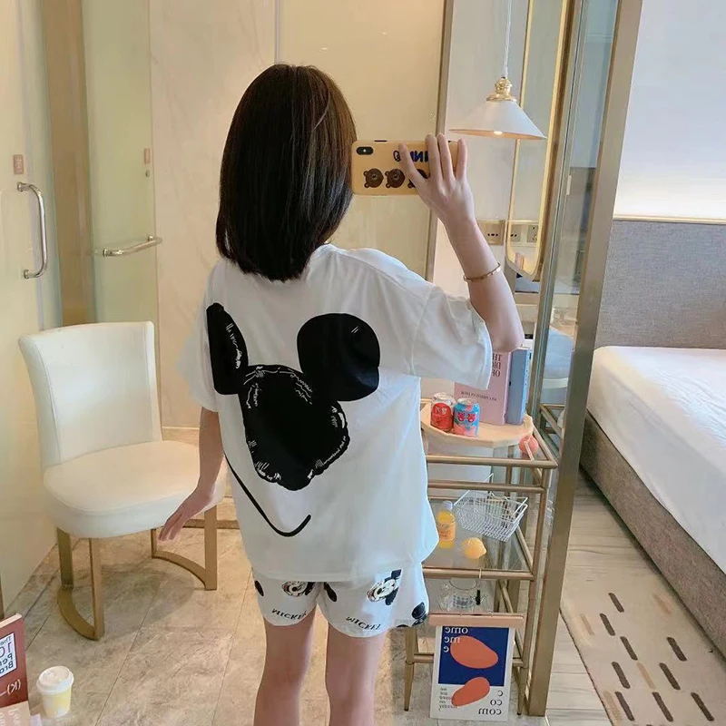 Disney Mickey White Women's Spring Summer Pajamas Set Three-piece Short Sleeve + Shorts + Trousers Soft And Comfortable Homewear 2