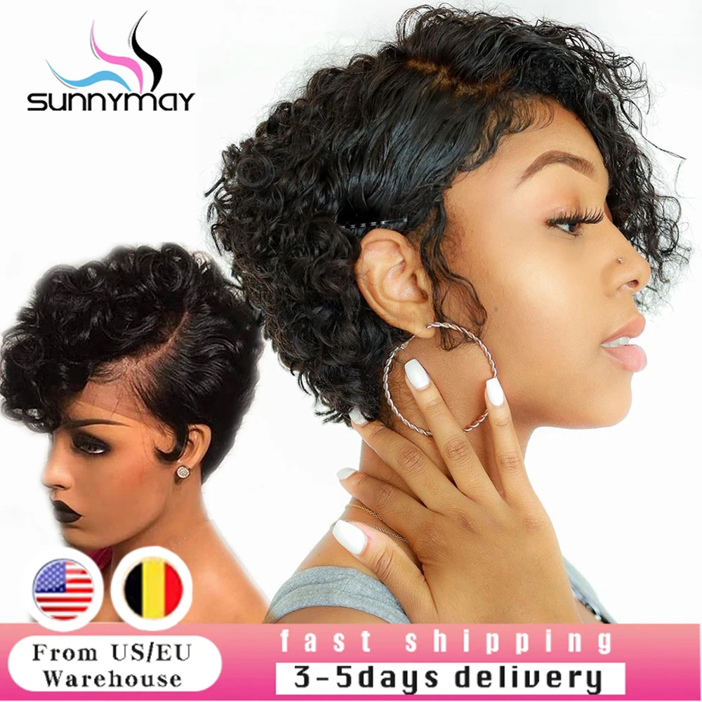 Human Hair Wigs Curly Wave Side Part Wig Short Bob Pixie Cut