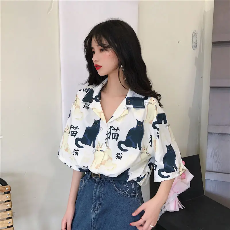 Blouses Women Vintage Cat Printed Korean Basic Loose Chic Design Ladies Shirts Daily College Street All-match Womens Blouse Top