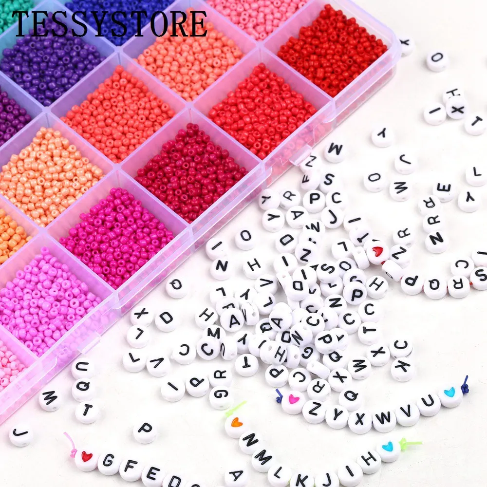 TESSYSTORE 2mm Glass Seed Beads Box Set With Tools Alphabet Beads For Jewelry Making Bracelet Rings DIY Accessories Jewelry Kit