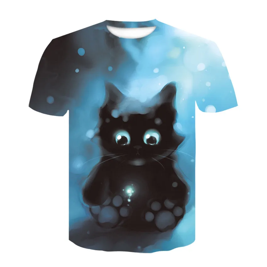 Черно-белая летняя футболка с 3D принтом кота, короткий рукав, круглый вырез, повседневный стиль футболки, минималистичный персональный cl