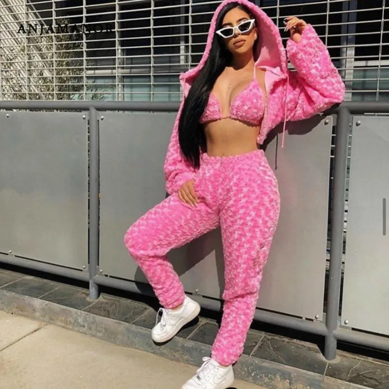 ANJAMANOR Fuzzy Pink Sexy 3 Peice Set Women Clothes 2020 Streetwear Rave Festival Club Wear Trendy Outfits Matching Sets D58BZ42 ANJAMANOR Fuzzy Pink Sexy 3 Peice Set Women Clothes 2020 Streetwear Rave Festival Club Wear Trendy Outfits Matching Sets D58BZ42