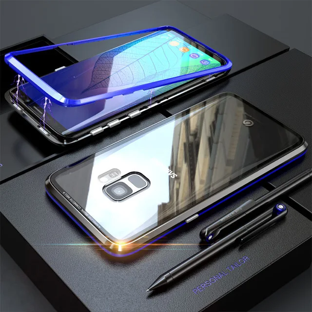 Магнитный чехол для samsung Galaxy S10 Plus S9 S8 Note 9 8 металлический бампер стеклянный чехол для Galaxy coque samsung S10 Plus чехол S9Plus - Цвет: Black Blue