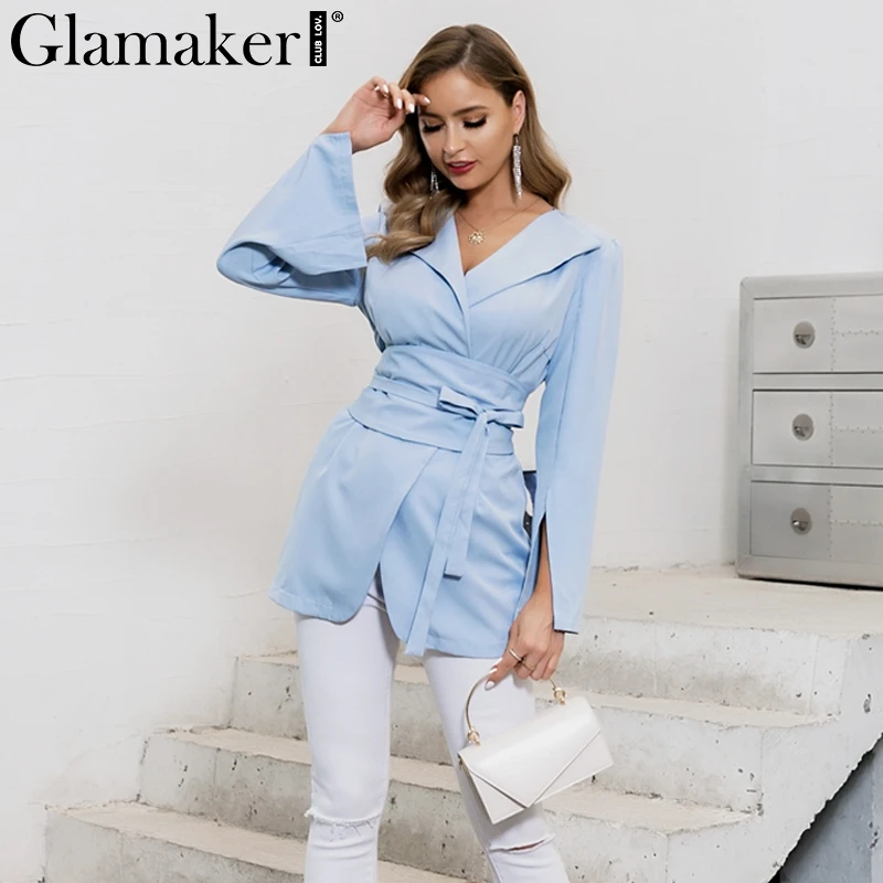 Женское офисное платье блейзер Glamaker элегантное синее приталенное с длинным